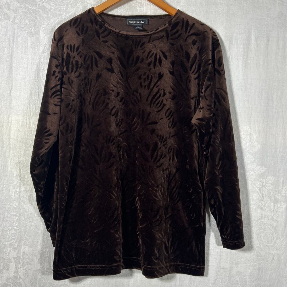 Vintage Velvet Top Large Brown Monochromatic Floral Long Sleeve Burnout